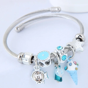 Bracelet ajustable en acier inoxydable avec charmes océan, poisson en cristal et étoile