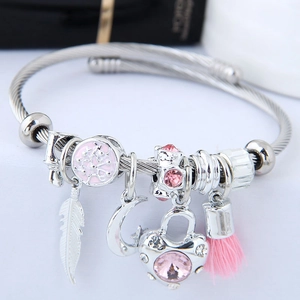 Bracelet à perles argenté avec arbre de vie, pendentif cœur rose et pompon femme
