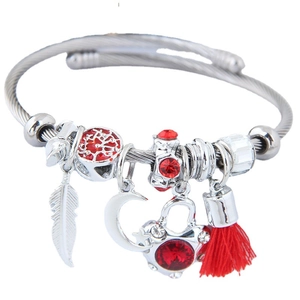 Bracelet Jonc À Charms En Alliage Strass Fil D'acier Bohème Avec Plume Lune Serrure En Cœur Arbre De Vie Et Gland