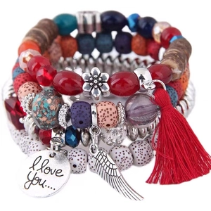 Bohemian multi-layer beaded bracelet set with colorful stones, tassels and love charm