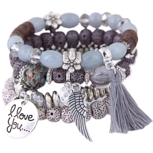 Bohemian multi-layer beaded bracelet set with cat eye stones, tassels and love charms