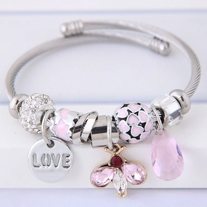 Silver bead bracelet with pink crystal honey bee and heart charms with Love engraving