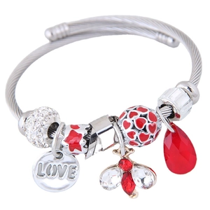 Steel Wire Cable Open Bangle Bracelet Alloy Charms Rhinestone Butterfly Bee Love Pendant Bohemia Retro Women Jewelry