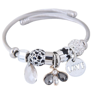 Silver stainless steel cable bangle with LOVE charm, bee pendant and crystal beads