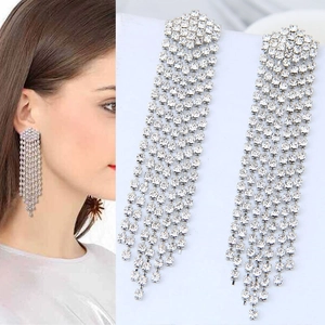 Elégantes Boucles D'oreilles Longues À Pampilles En Alliage Avec Strass Pour Mariage Mariée Banquet Fête Mode Soirée Luxe