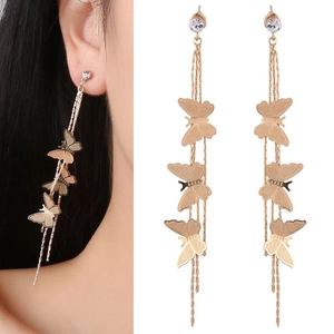 Elegant gold butterfly tassel long earrings with crystal studs and dangling chains