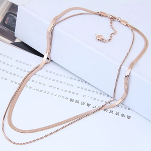 Elegant rose gold double layer titanium necklace with snake chain and heart pendant