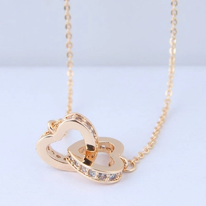 Elegant gold-plated interlocking double heart necklace with sparkling zircon crystals