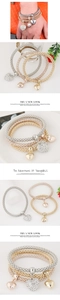 Detailed close-up of three-tone heart pendant elastic bracelets in silver, gold, and rose gold
