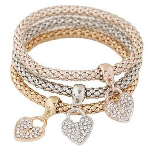 Lot de 3 bracelets élastiques chaîne pop-corn avec pendentifs cadenas cœur strass multicolores
