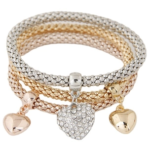 Ensemble de 3 bracelets chaîne pop-corn avec pendentif cœur en or, argent et or rose
