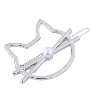 Sleek silver metal cat-shaped hair clip with a minimalist pearl accent on a white background