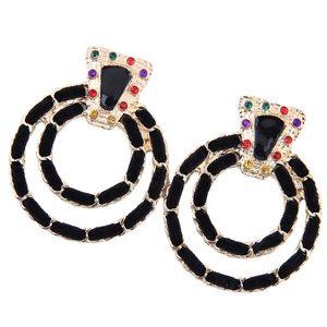 Vintage gold earrings with multicolor crystals and black velvet woven double rings