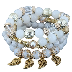 Bohemian multilayer beaded bracelet set with four pieces and golden leaf charms