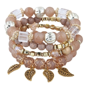 Bohemian multi-layer leaf beaded bracelet set in peach and vintage gold finish