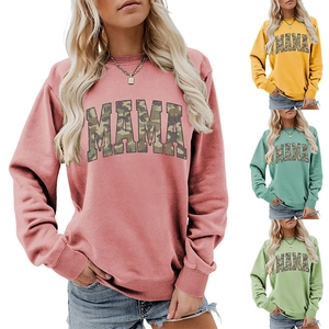 Detail of multi-color MAMA camo patchwork embroidery on casual long sleeve sweatshirts
