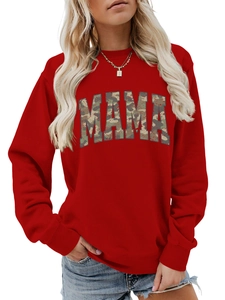 Close-up of red crewneck sweatshirt with MAMA camouflage print and ribbed cuffs