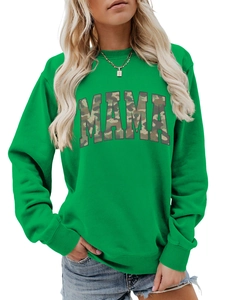 Close-up of bright green sweatshirt featuring MAMA camouflage applique and ribbed cuffs