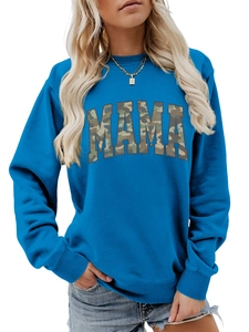 Close-up of blue crewneck sweatshirt with camouflage MAMA print and ribbed cuffs