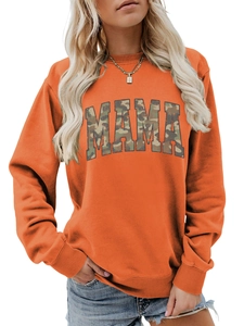 Detail of MAMA camouflage print on orange crewneck sweatshirt with ribbed cuffs