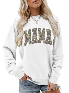 Detail of white MAMA sweatshirt featuring camo patterned lettering and ribbed cuffs