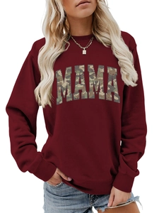 Detailed view of women's burgundy mama sweatshirt with camouflage letter patchwork design