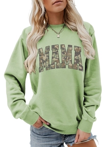 Detail of sage green crewneck sweatshirt with MAMA camouflage print and ribbed cuffs