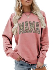 Detail of MAMA camouflage print on dusky rose crewneck sweatshirt with ribbed cuffs