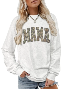 Close-up of Heather Grey MAMA sweatshirt featuring camo print lettering and ribbed cuffs