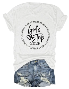 Detail of Girl's Trip 2026 print on white cotton t-shirt with denim shorts