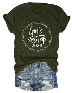 Olive green cotton t-shirt featuring 'Girl's Trip 2026' print and distressed denim shorts