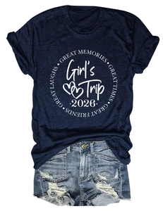 Detail of Girl's Trip 2026 lettering and distressed denim texture on casual set