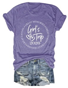 Detail of Girl's Trip 2026 purple t-shirt with distressed ripped denim shorts