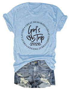 Light blue round neck t-shirt with Girl's Trip print and distressed denim shorts set