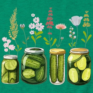 Détail de pots de cornichons créatifs et motif floral sur tissu de T-shirt en coton vert foncé