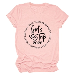 Detailed view of pink cotton t-shirt with Girl's Trip 2026 circular graphic print