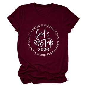 Detail of burgundy cotton t-shirt featuring Girl's Trip 2026 white art text and round neck