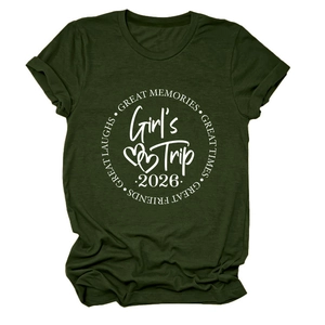 Detail of soft dark green cotton t-shirt featuring Girl's Trip 2026 white screen print