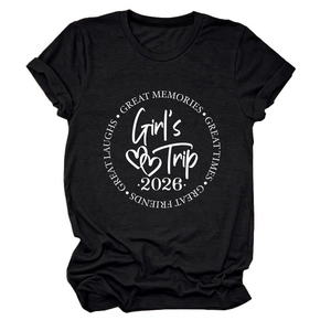 Close-up of Girl's Trip 2026 white printed graphic on a casual black cotton T-shirt