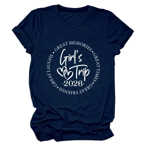 Detail of Girl's Trip 2026 white screen print on dark blue cotton t-shirt fabric