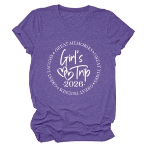 Close-up of Girl's Trip 2026 print on purple heathered crew neck casual T-shirt