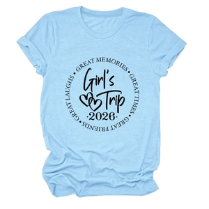 Detail of light blue cotton T-shirt featuring Girl's Trip 2026 graphic and slogans