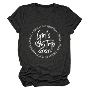 Women's charcoal grey crew neck T-shirt with white Girl's Trip 2026 heart print design