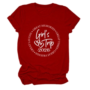 Detail of red crew neck T-shirt with Girl's Trip 2026 white circular printed logo