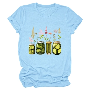 T-shirt bleu clair à col rond avec motif artistique de pots de fleurs et cornichons