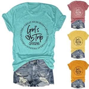 Women Casual Cotton Blend T-Shirt Round Neck Short Sleeve Girl Trip 2026 Print Top Vacation Commuter Tee Ladies Apparel