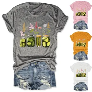 T-Shirt Femme Col Rond Manches Courtes Mélange Coton Imprimé Créatif Pot De Cornichon Fleurs Haut D'été Décontracté Coupe Ample