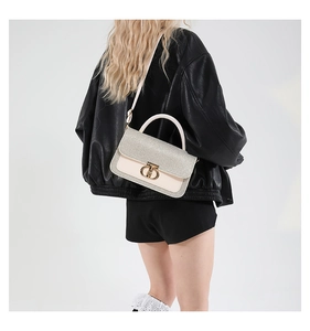 Detail of glitter champagne crossbody bag featuring a golden interlocking metal clasp