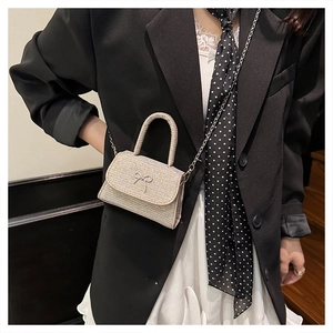 Detailed view of silver rhinestone mini bag with crystal bow clasp and metal chain
