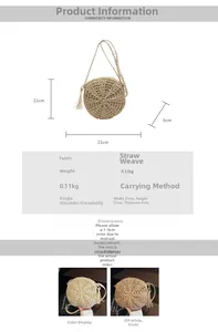 Detailed size specifications for a round straw crossbody bag with decorative fringe